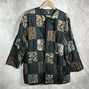 VTG‎ Judith Ann Creations JA Resort Jacket Womens 1X Black Silk Patchwork Artsy